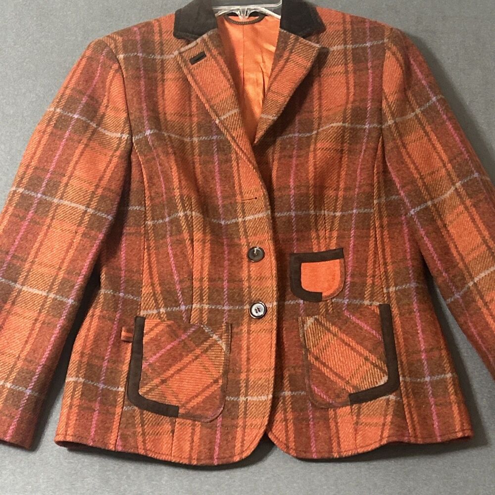 Feldpausch Harris Tweed Wool Blazer Jacket Orange Plaid Velvet Collar Size 10